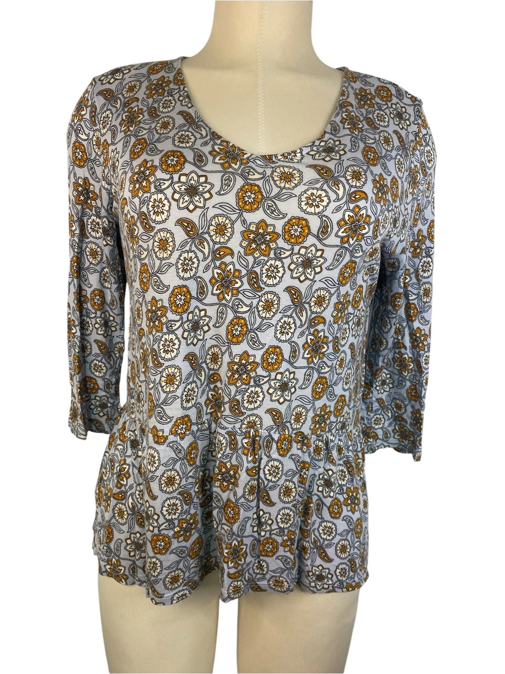 LOFT Gray Floral Peplum Top Mustard Accents Women’s MP